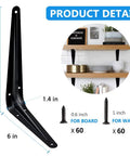 Heavy Duty Black Metal L Bracket Set For 8 Inch Shelves showing size, mounting screws, and installed example on a wall