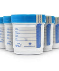 5-pack of SNL sterile 3oz (90ml) specimen cups with blue screw-on lids and tamper-evident seals