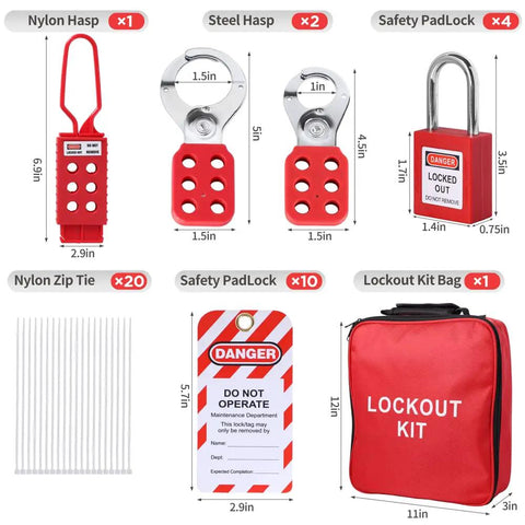 Pro Grade Lockout Tagout Kit With 4 Safety Padlocks, 3 Lockout Hasps, Ball Valve Lockouts, and accessories for industrial safety