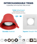 12 Pack 4 Inch Square Led Recessed Light Fixtures With J Box, 5 Cct Dimmable Ceiling Lights, red trim attachment and square smooth white trim.