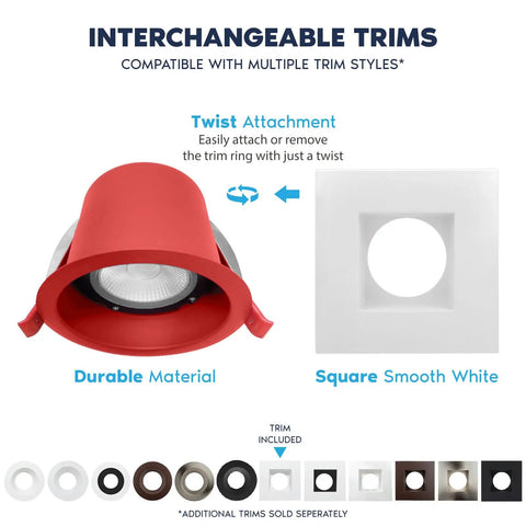 Twelve Pack Four Inch Square LED Recessed Lights Built Tough With J Box Adjustable CCT 2700K To 5000K showing red and white adjustable trims.