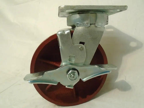 Six Inch Heavy Duty Ductile Steel Caster Set Kingpinless Wheel Brakes Tough As Nails Two Thousand Pounds Each Four Pack swivel caster with red tread.
