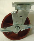 Six By Two Inch Swivel Caster Wheels With Brakes Kingpinless Ductile Steel Rollers 2000 Lbs Capacity Each Four Pack close-up view showing locking mechanism and wheel design.