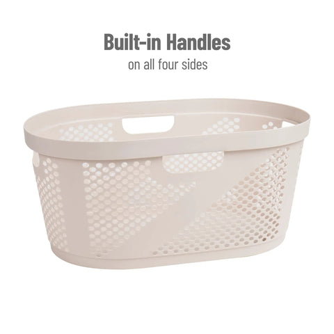 40 Liter Laundry Basket With Lightweight Plastic Build Ivory Wicker-Look Hamper For Clothes showing built-in handles