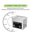 Top Shelf Ultrasonic Cleaner 30L Tank With Degas Tech Adjustable Heat Control Slick Touch Timer Lock And Rugged Stainless Basket for precise cleaning time settings.