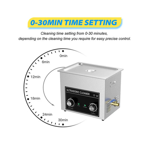 Top Shelf Ultrasonic Cleaner 30L Tank With Degas Tech Adjustable Heat Control Slick Touch Timer Lock And Rugged Stainless Basket for precise cleaning time settings.