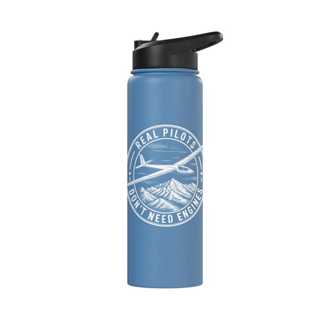 Blue stainless steel water bottle with glider graphic for Sailplane Pilot Insulated Stainless Steel Water Bottle For Soaring Club Members And Glider Fans Keeps Drinks Cold Or Hot Through Towplane Launches And Final Glide Sessions All Day.