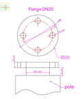 Technical drawing of DN20 flange and pole for vertical wind turbine generator installation, showing dimensions and bolt placements.