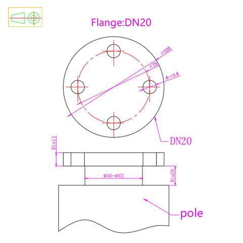 Technical drawing of DN20 flange for 12V 100W Portable Wind Turbine Generator With Controller For Home Use Vertical Windmill Style