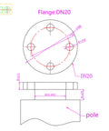 Technical drawing of DN20 flange and pole dimensions, featuring measurements and specifications for installation