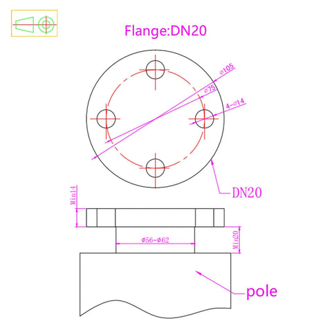 Technical drawing of DN20 flange and pole dimensions, featuring measurements and specifications for installation
