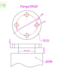 Technical drawing of flange DN20 for 500W Vertical Wind Generator for Off Grid Power, detailing pole connection.