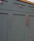 Six Pack 5.04 Inch Center To Center Antique Copper Drawer Pulls Red Bronze Bar Handles on gray kitchen cabinets