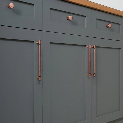 Six Pack 5.04 Inch Center To Center Antique Copper Drawer Pulls Red Bronze Bar Handles on gray kitchen cabinets