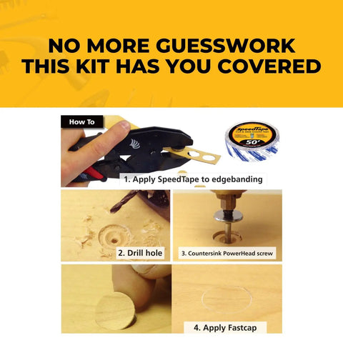 On Demand Custom Color Punch Kit For Cabinet Making Create Perfectly Matched Caps From Your Veneer Or Edgebanding Ideal For Small Scale Refacing Or Touch Ups Compact Easy To Use For Materials Up To 0.022 Inches Pro Grade Tool For Quick Cap Touchups showing application steps with tools and SpeedTape.
