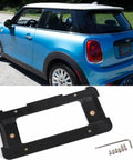 Rear License Plate Frame Bracket Mount For BMW 1 Series 2 Series 3 Series 5 Series 6 Series X Series And Mini Cooper 2002 To 2019 Keeps Your Ride Secure With Anti Theft Screws Durable ABS Weather Resistant Plate Holder shown with Mini Cooper