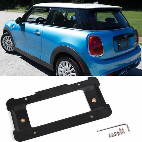 Rear License Plate Frame Bracket Mount For BMW 1 Series 2 Series 3 Series 5 Series 6 Series X Series And Mini Cooper 2002 To 2019 Keeps Your Ride Secure With Anti Theft Screws Durable ABS Weather Resistant Plate Holder shown with Mini Cooper
