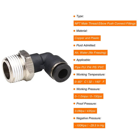 1/2 NPT Push To Connect Air Fitting 1/4 In OD Tubing Elbow 90 Degree Quick Connect Pneumatic Fittings Male Threaded Lock Push In Tube Connector 2 Pack For Air And Water Lines, black plastic and metal elbow fitting