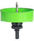 Front view of lime-green 4-1/8 inch carbide hole saw with black arbor and center pilot drill bit