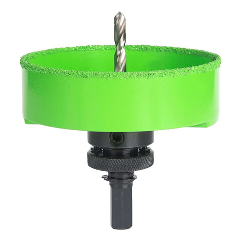 Front view of lime-green 4-1/8 inch carbide hole saw with black arbor and center pilot drill bit