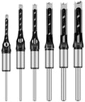 Six Piece Square Hole Drill Bit Set High Speed Steel Mortising Chisel Bits For Woodworking Pine Mdf Particle Board 1/4 To 9/16 Inches close-up of various bit sizes