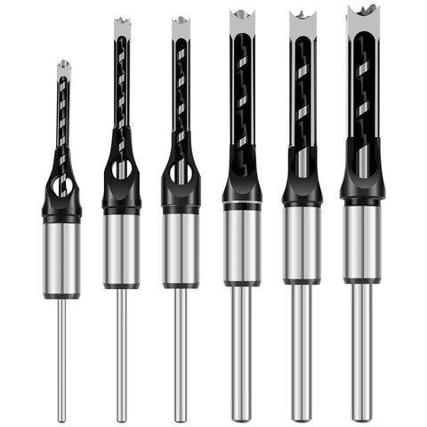 Six Piece Square Hole Drill Bit Set High Speed Steel Mortising Chisel Bits For Woodworking Pine Mdf Particle Board 1/4 To 9/16 Inches close-up of various bit sizes