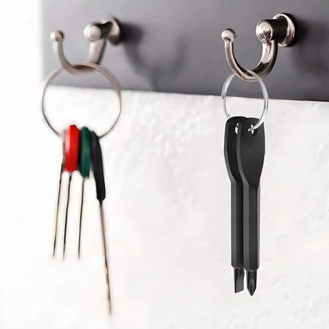 2-Pack Keychain Screwdriver Set Ultra Compact Pocket Tool For Glasses Electronics Repair Phones Quick Fixes Stainless Steel EDC Gift For Men On The Go Travel DIY Black And Silver hanging on hook next to keys