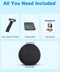 Accessories included with Level 2 EV Charger 32A Portable J1772, featuring carry handle, cleaning cloth, user manual, and storage bag.