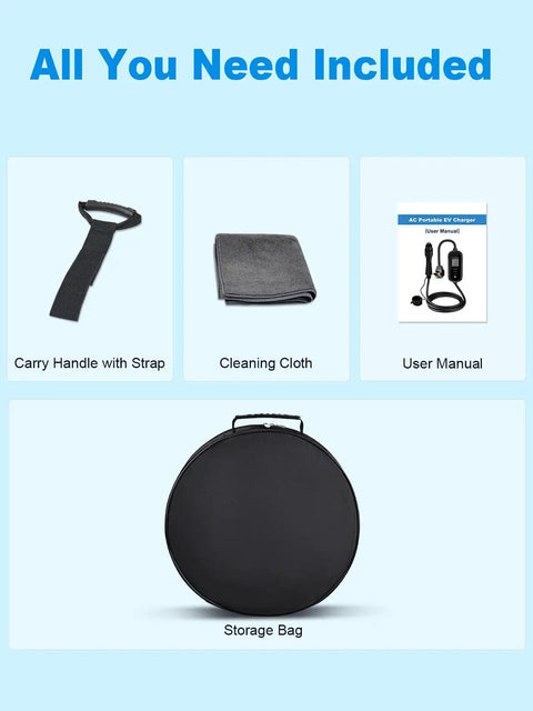 Accessories included with Level 2 EV Charger 32A Portable J1772, featuring carry handle, cleaning cloth, user manual, and storage bag.