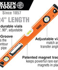 935L 24-Inch Magnetic Bubble Level With Adjustable Vial And Top V-Groove, High Visibility Orange, Rubberized End Caps