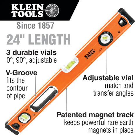 935L 24-Inch Magnetic Bubble Level With Adjustable Vial And Top V-Groove, High Visibility Orange, Rubberized End Caps