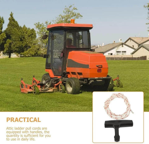 Lawnmower on grass with inset of Garage Door Emergency Pull Rope Kit With Handle For Attic Ladder Access Safe Quick Operation