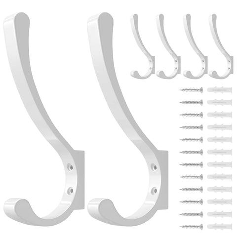 Heavy Duty Wall Mount Coat Hooks Set, Metal Hangers For Hanging Clothes, Backpacks, Bags, Towels And Jackets, Strong 30 Lb Hold Closet Hangers, White, 4 Pack, Durable Space Saving Organizer.