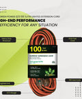 100 Foot 12/3 SJTW Outdoor Extension Cord With Lighted End Orange Heavy Duty displayed in packaging with product details