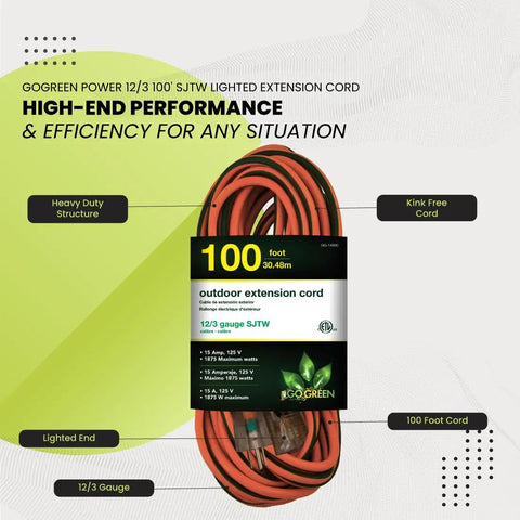 100 Foot 12/3 SJTW Outdoor Extension Cord With Lighted End Orange Heavy Duty displayed in packaging with product details