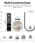 Heavy Duty Black Metal Wall Hooks 15 Pack For Hanging Coats, Bags, Towels And Robes, Screw In Mount, Wall Mounted Hooks For Bathroom Entryway And Garage, Holds Up To 20 Lbs Each, detailed measurement diagram with coin for scale.