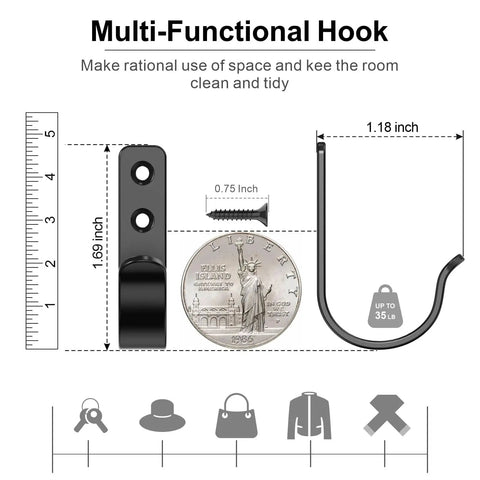 Heavy Duty Black Metal Wall Hooks 15 Pack For Hanging Coats, Bags, Towels And Robes, Screw In Mount, Wall Mounted Hooks For Bathroom Entryway And Garage, Holds Up To 20 Lbs Each, detailed measurement diagram with coin for scale.