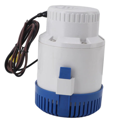 Supercharged 4000 GPH 12 Volt DC Submersible Water Pump With Overheat Prevention For Garden Ponds Pool Draining with blue and white design.