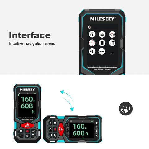 Laser Measure Tool With 165 Feet Range, Dual Bubble Levels, Backlit LCD showing 160.608 ft, unit switching feature visible.