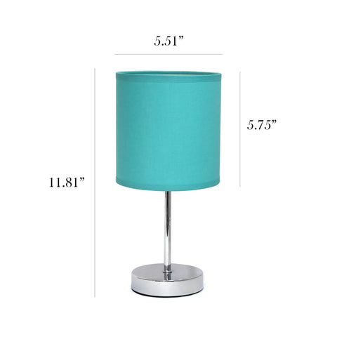 Blue Turquoise Chrome Mini Table Lamp With Fabric Shade, Compact 11.8 Inch Tall, E12 Candelabra Base, 40W Type B Bulb Not Included, Totally Perfect For Living Room, Bedroom, Office, Dorm, Kids Room