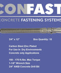 Three Quarters Inch By Twelve Inch Wedge Anchor Zinc Plated For Dry Concrete Installations shown with specs and branding