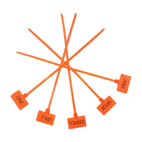 Quick Fix 50 Pack Orange Marker Cable Ties With Blank Labels For Straight Up Wire Grouping showing numbered labels one to five.