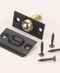 Super Solid Brass Steel Adjustable Ball Catch Door Latches with black mounting plate and screws for closet installation.