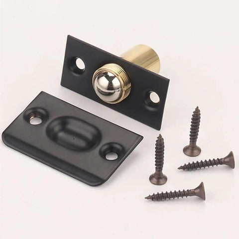 Super Solid Brass Steel Adjustable Ball Catch Door Latches with black mounting plate and screws for closet installation.