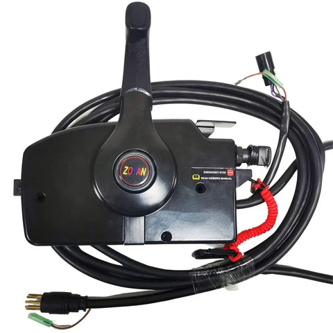 Black Boat Throttle Control Box With 8-Pin Remote, Outboard Side Mount, Emergency Lanyard For Mercury Engine, Quicksilver Compatible, 881170A3 Replacement Kit with visible connector and lanyard cable.