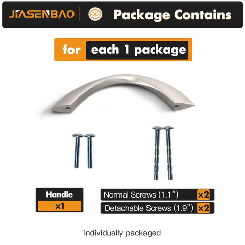 Package contents with Brushed Nickel Cabinet Pulls 3 Inch Arch Twisted Silver Handles For Drawers And Cabinets, screws included