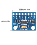 GY 291 3 Axis Accelerometer Module With I2C And SPI For Arduino ADXL345 Digital Tilt Sensor showing dimensions on a circuit board.