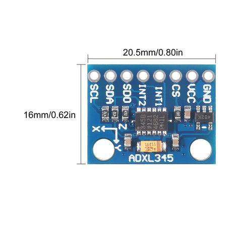 GY 291 3 Axis Accelerometer Module With I2C And SPI For Arduino ADXL345 Digital Tilt Sensor showing dimensions on a circuit board.