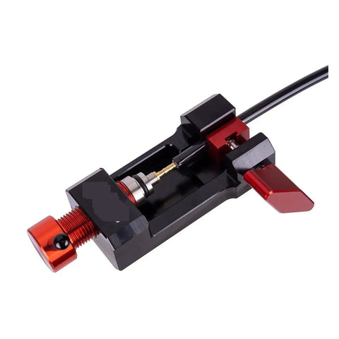 Close-up of Pro Bike Hydraulic Disc Brake Tool Kit's oil needle install tool in black and red aluminum alloy for easy hydraulic installation