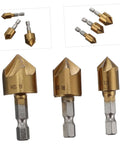 Three brass HSS countersink drill bits with hex shanks for woodworking; self-centering, 3-piece set